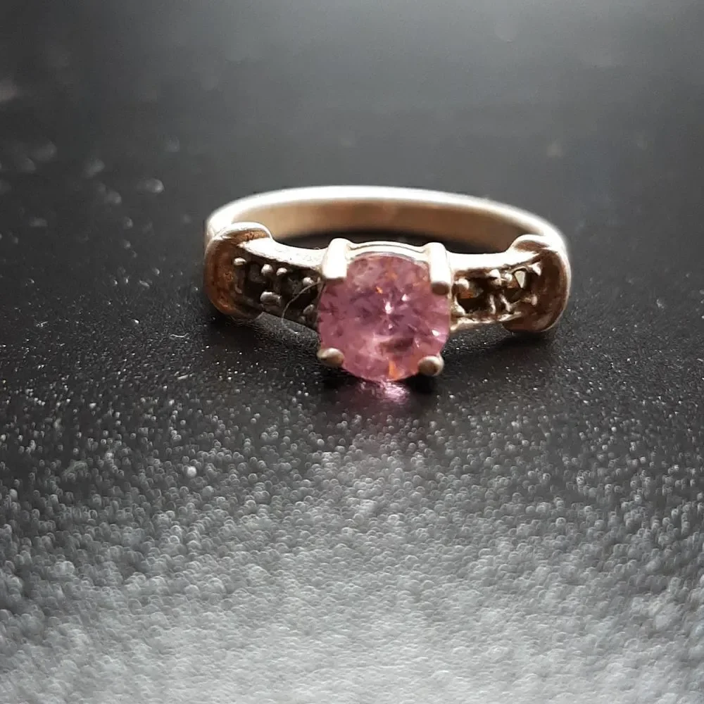 Sterling silver ring with pinkish glass stone and marcasite